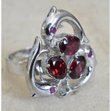 Handcrafted Silver Dolphins With Garnet and Ruby 925 Ring Jewellery - Baga Ethnik Living