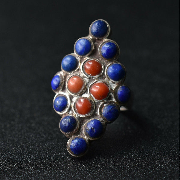 Vintage Lapiz and Coral Tibetan Silver Ring - Baga Ethnik Living