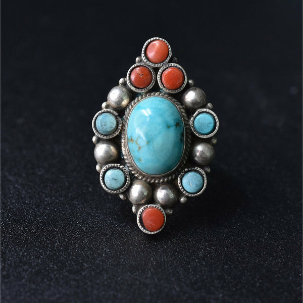 Handmade Vintage Coral and Turquoise Tibetan Silver Ring - Baga Ethnik Living