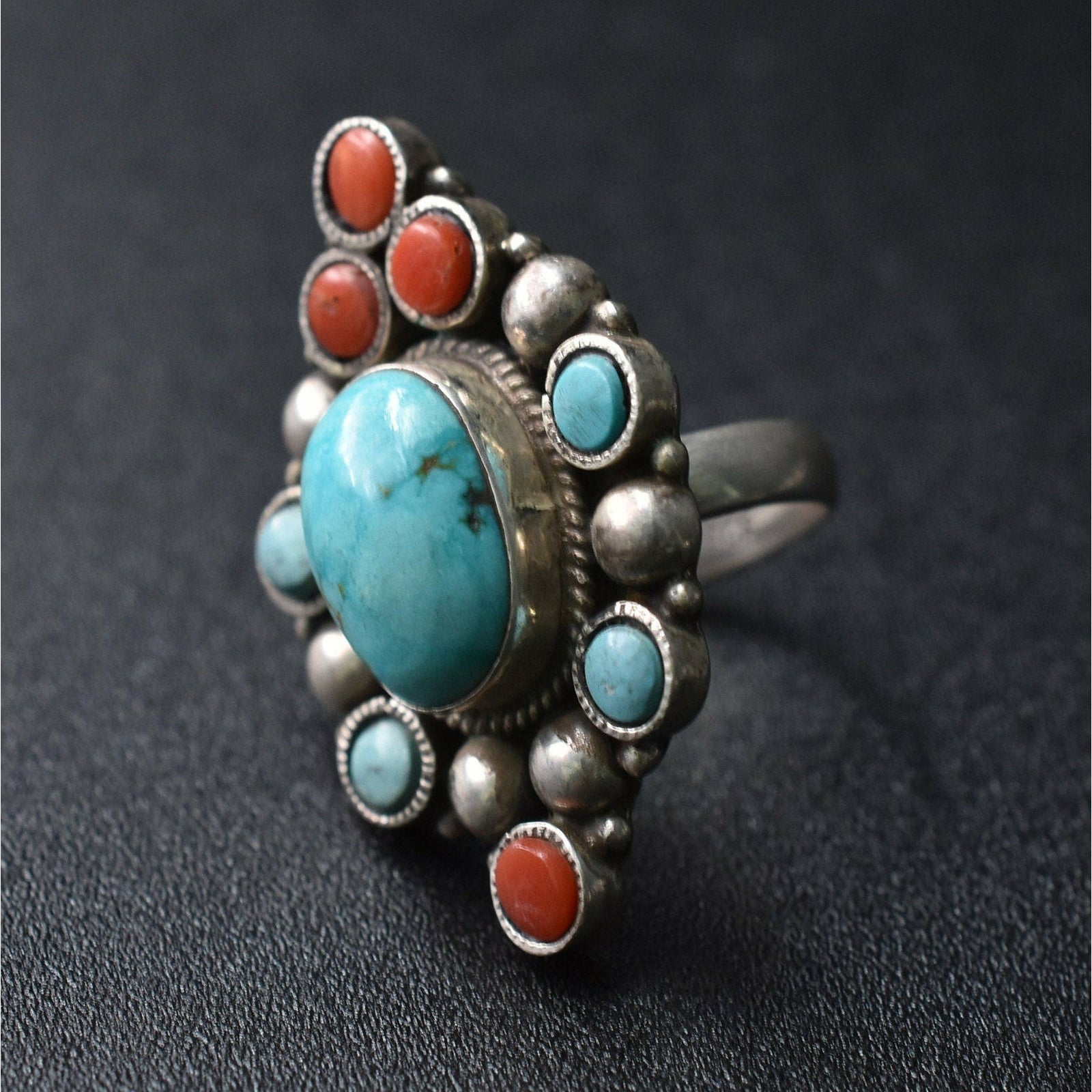 Sterling Silver 2024 turquoise and coral ring