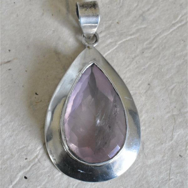 Tear Drop Faceted Rose Quartz Silver Sterling 925 Pendant - Baga Ethnik Living